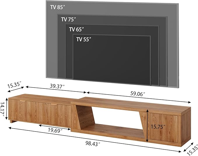 Extendable TV Stand with Storage Cabinet Extra Long, Large Wood TV Media Console Fluted Television Stands with Adjustable Shelf and Drawers for Living Room, Rustic Brown (64.57" W-98.43" W)