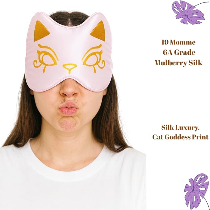 Silk Sleep Mask Blindfold Eye Mask for Sleep Cute Cat Print Embroidered Eye Cover Adjustable Oversized Egyptian Bastet with Gift Box&Pouch（Hathor Blush-Elastic Strap）