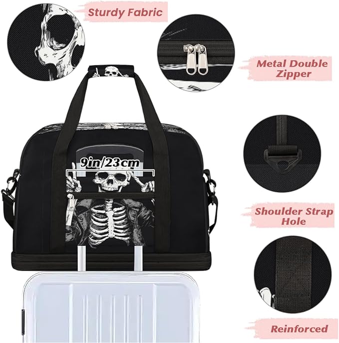 Sports Gym Bag, Human Skeleton Skull Halloween Travel Duffel Bag with Shoes Compartment Waterproof Overnight Bag Workout Weekender Bag Boys Girls Yoga Dance Bag Gym Tote Bag for Women Men