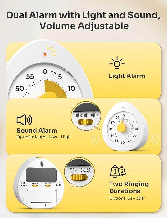 LIORQUE Visual Timer for Kids, 60-Minute Countdown Kitchen Timers for Cooking, Kids Timer with Silent Operation & Countdown Pause for Teaching Classroom Office