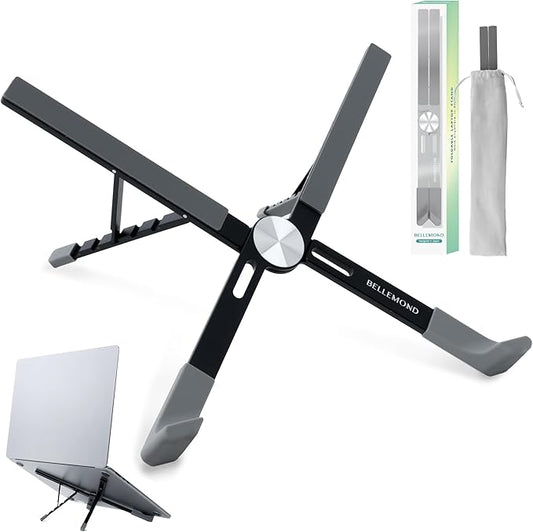 BELLEMOND | Adjustable Laptop Stand – Lightweight Aluminum Riser with 5 Height Levels | Foldable, Ventilated X-Frame Design | Designed in Japan | Fits Laptops & Tablets up to 17.3” | Midnight Black