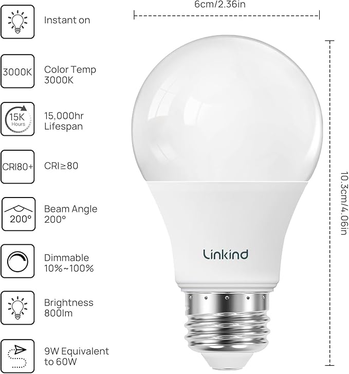 Linkind A19 LED Light Bulbs Dimmable, 60W Equivalent, Energy Efficient 9W, 3000K Warm White, 800 Lumens, E26 Standard Base, 120V, Lighting for Bedroom Living Room Home Office, 6 Packs