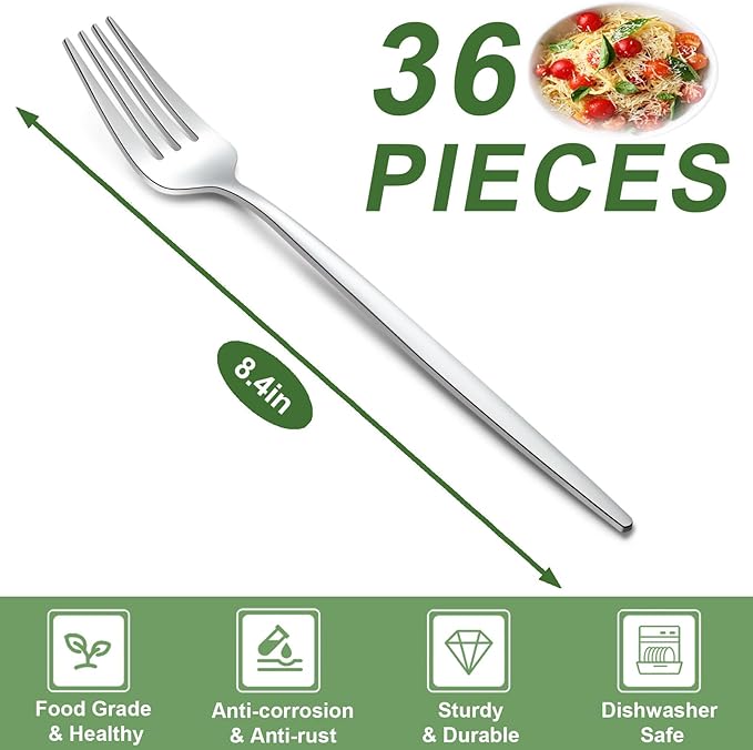 Pleafind 36-Pcs Silver Dinner Forks - 8.4 Inch Stainless Steel, Mirror Polished, Dishwasher Safe - Bulk for Home, Kitchen, Restaurant