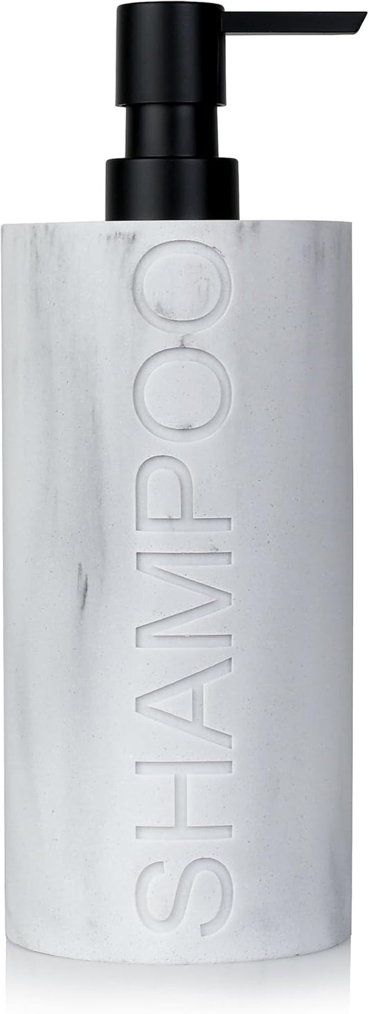 Matte White Shampoo Dispenser Modern Refillable Pump Bottle with Embossed Text, Durable Resin Construction for Bathroom and Kitchen