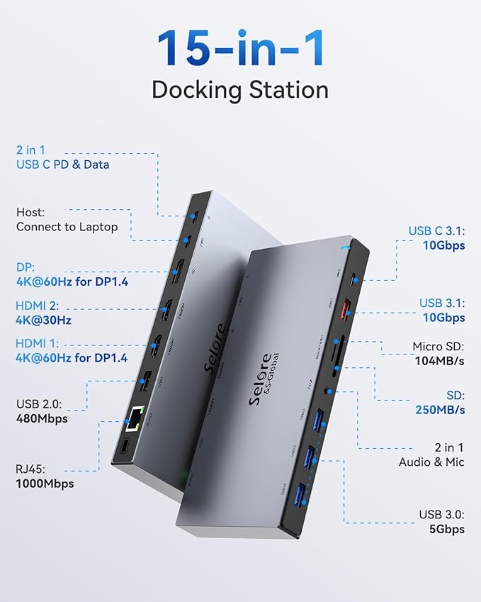 Dual HDMI Docking Station 3 Monitor,USB C Laptop Hub with 4K HDMI and Displayport, 10Gbps USB-A/C Data Transfer, 100W PD Charging, Ethernet, Audio, SD/Micro SD Slot, USB C Dock for Dell XPS/HP/Lenovo