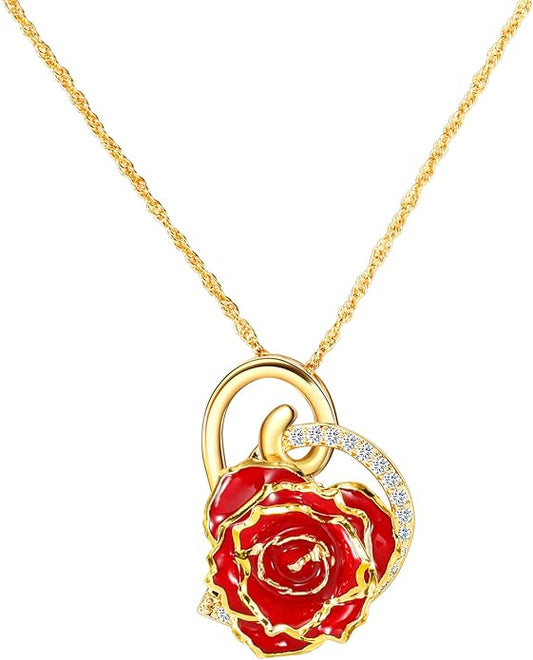 AliveRose Real Rose Gold Dipped Necklace Gifts for Women, 24K Gold Dipped Rose Pendant Necklace Jewelry Mothers Day Anniversaries Birthday Christmas Special Occasions Gifts for Her Mom Wife