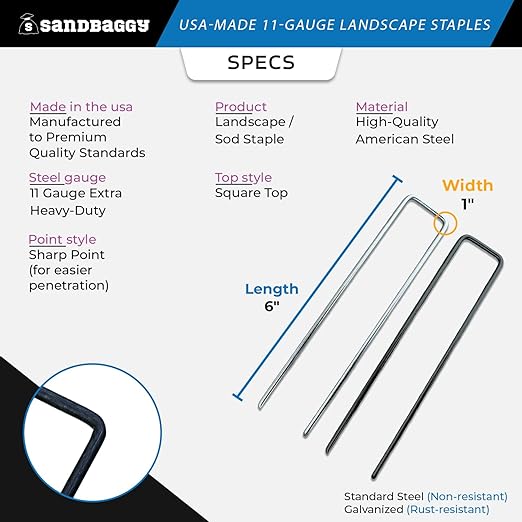 Sandbaggy USA Made 6-inch Landscape Staples - Garden Stakes - Landscaping Fabric, Netting, Sod, Artificial Turf (Standard (Galvanized), 500)