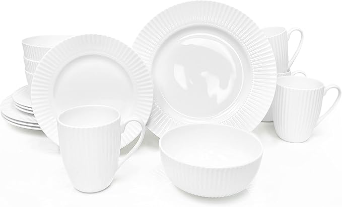 Dinnerware, 16 Piece Set Bone China, Service for 4, White Embossed stripe Dishes, Microwave Safe, Chip Resistant, Dishware, For Formal Casual and Everyday Living, Plates and Bowls Set