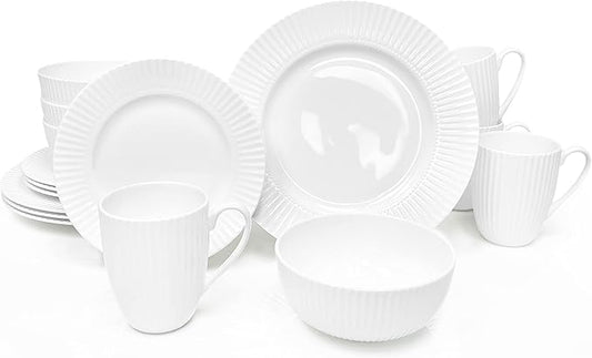 Dinnerware, 16 Piece Set Bone China, Service for 4, White Embossed stripe Dishes, Microwave Safe, Chip Resistant, Dishware, For Formal Casual and Everyday Living, Plates and Bowls Set