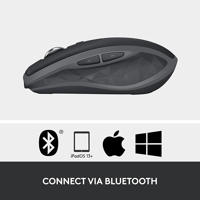 Logitech MX Anywhere 2S Bluetooth Edition Compact Wireless Mouse, No USB Receiver - Use On Any Surface, Hyper-Fast Scrolling, Rechargeable, Control Up to 3 Apple Mac and Windows Computers and Laptops