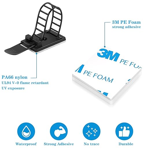 Adjustable 3M adhesive cable management clips 50Pcs, large self adhesive cable ties clips ，Suitable for cable management under desks and on walls(Black)