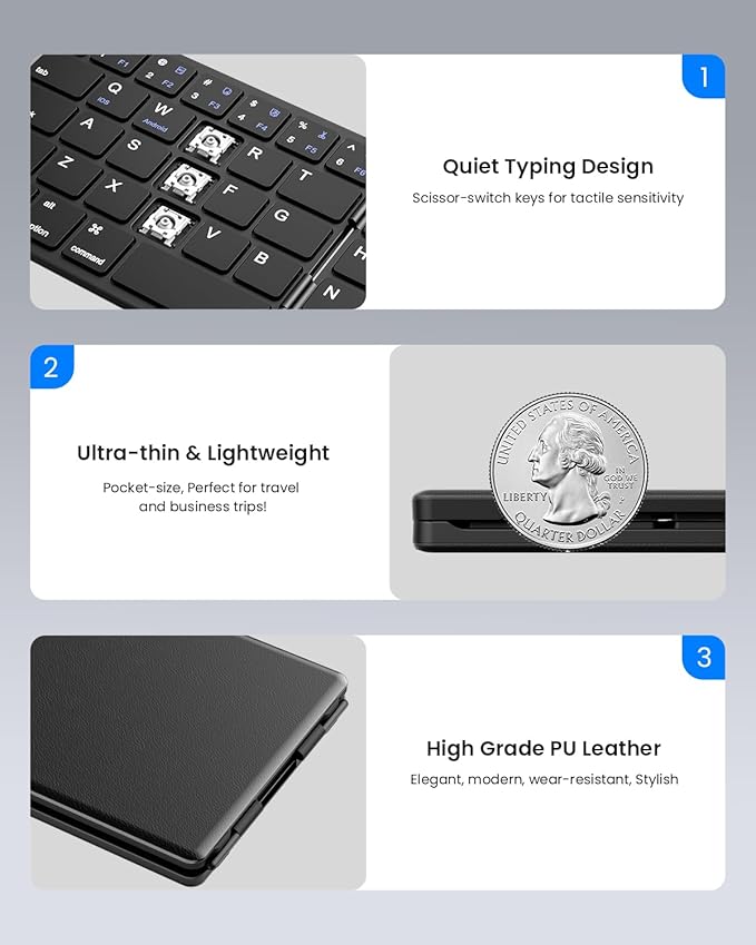 Samsers Foldable Bluetooth Keyboard - Portable Wireless Keyboard with Stand Holder, Rechargeable Full Size Ultra Slim Folding, Compatible iOS Android Windows Smartphone Tablet and Laptop - Black