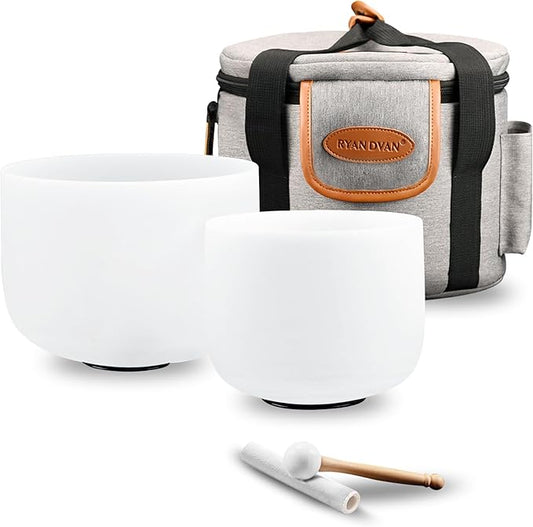 Ryan Dvan Crystal Singing Bowl Set of 2 7" F Note, 8" A Note with Case Suede Striker & O-Ring Sound Therapy for Yoga, Reiki, Chakra Healing Energy Tuning & Mindfulness Kit