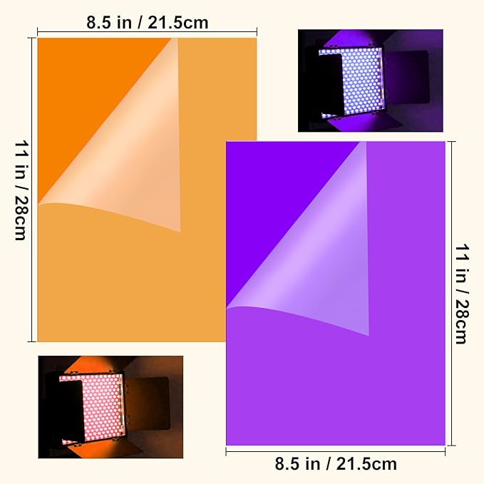 (10 Pcs) Gel Light Filter, Purple and Orange Transparent Color Lighting Gel Filter Correction Plastic Sheets 8.5 x 11 Inch for Film, Video, Photo, Stage (Halloween)