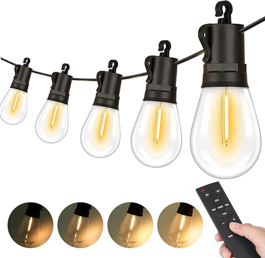 100FT LED Outdoor Patio Lights, Waterproof String Light with Remote & 32 Shatterproof S14 Vintage Bulbs(2 Spare), Connectable Commercial Outside Hanging Light for Garden, Balcony, Backyard, Bistro