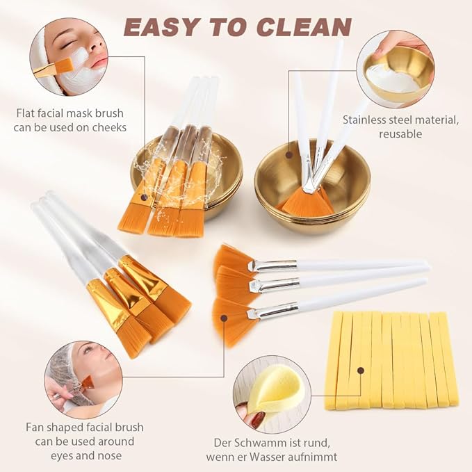 30Pcs Esthetician Supplies for Facials Set, 6 Gold Facial Bowls 6 Facial Brushes 6-Flat Brushes 12 Facials Sponge Compressed Round, Face Masks Cosmetic Applicators for Women(COLOR:gold)