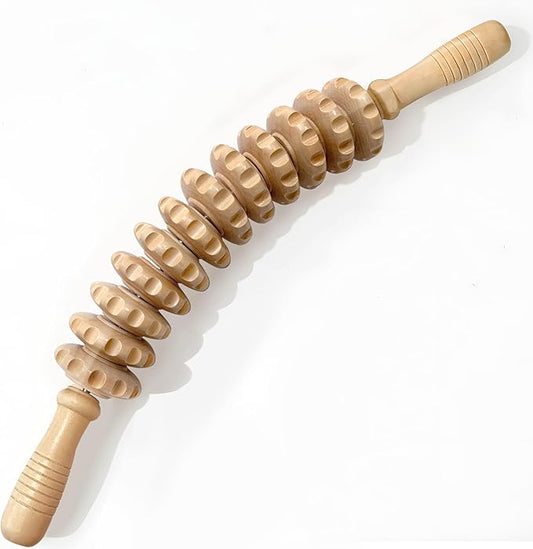 Wooden Curved Handheld Roller Stick Massager - 12 Rollers Wood Therapy Tool for Trigger Point, Fascia & Cellulite Reduction, Lymphatic Drainage, Muscle Tension Relief & Body Shaping (Wood)