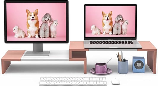 WESTREE Dual Monitor Stand - Monitor Stand Riser - 2 Shelf Computer Monitor Stand with Adjustable Length and Angle, Monitor Stands for 2 Monitors, Desktop Organizer Stand for PC, Computer, Laptop