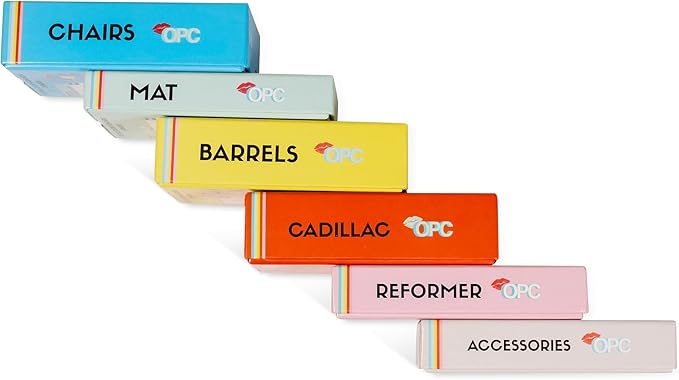 OnlinePilatesClasses Pilates Accessories Flashcards, 79 All-Levels Illustrated Cards Deck Set, Low Impact Home Fitness Workouts Guide with Postures & Routines, Workout Planner with Tips and Videos