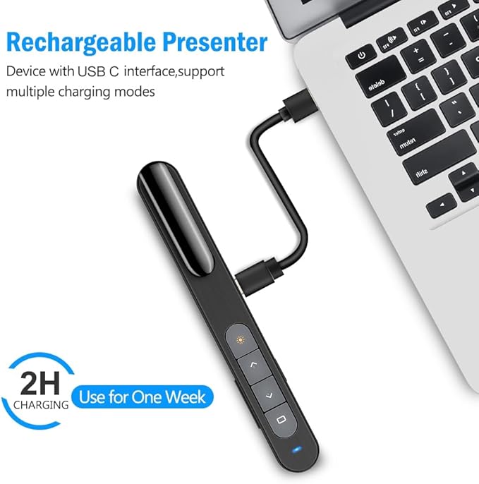 DinoFire USB C Rechargeable Presentation Remote with Red Light,Wireless Preseter PPT Slide Clicker Advancer for MacBook Laptop Computer