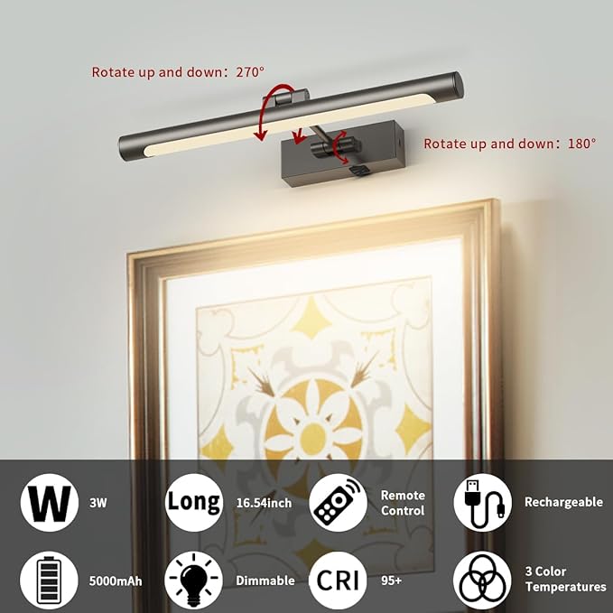 Joosenhouse Battery Operated Picture Light Rechargeable Gallery Light with Remote Control Dimmable and Timer Off Adjustable Swing Arm Brushed Grey 16.53in Wireless Wall Lights for Picture Display