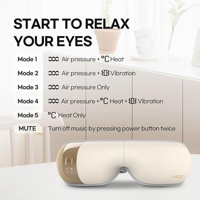 HuBDIC HubiCare Eye Massager with Heat, Vibration, and Music Helps Relieve Strain, Dark Circles, Dryness, and for Migraine Relief Relaxation and Better Sleep Gifts for Women/Men (Beige)