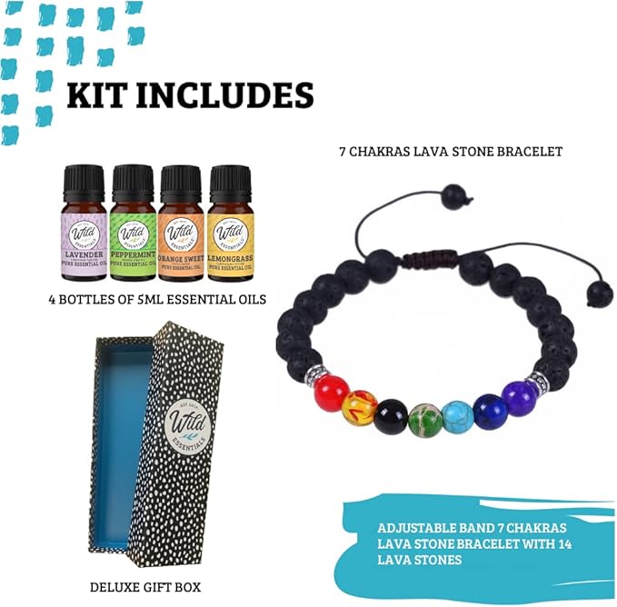 Wild Essentials 7 Chakras Lava Stone Essential Oil Diffuser Bracelet, Adjustable, Aromatherapy Jewelry Gift Set and 100% Pure Oils (Lavender, Lemongrass, Orange and Peppermint)