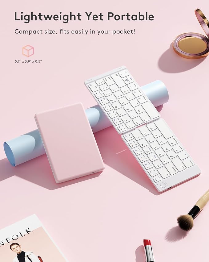 Samsers Foldable Bluetooth Keyboard - Portable Wireless Keyboards with Stand Holder, Rechargeable Full Size Ultra Slim Folding for iOS Android Windows Smartphone Tablet and Laptop, White-Pink