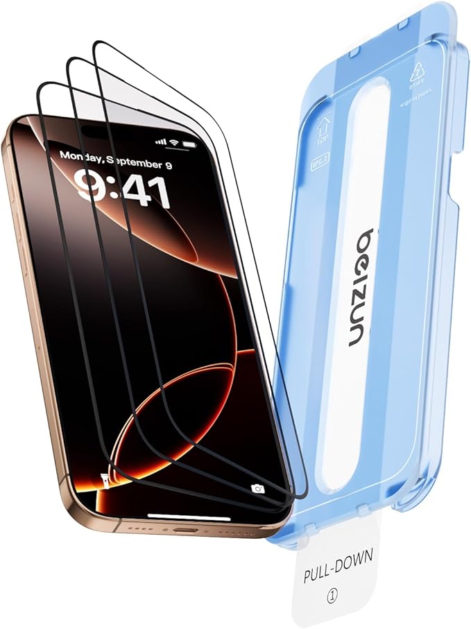Beizun for iPhone 16 Pro Screen Protector 3-Pack: 9H Military Tempered Glass, Easy Installation, Full Coverage Case Friendly, Anti-Fingerprint & Bubble-Free