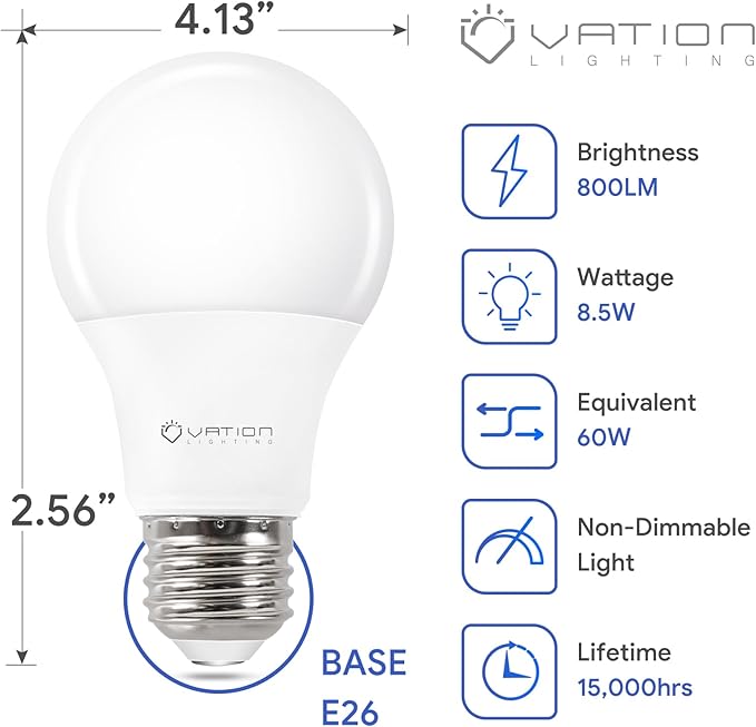 A19 LED Light Bulbs 60W Softwhite 2700K, 8.5Watt Efficient, 60 Watt Equivalent, 800 Lumens, E26 Medium Base, Non-Dimmable, ETL/UL Listed, 4 Pack