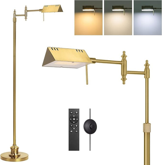 Dimmable Pharmacy Floor Lamp with Remote, 15W Gold LED Reading Floor Lamp with 360°Swing Arm, 3 Color Temperature, Height Adjustable Standing Task Lamp for Living Room, Bedroom, Office, Antique Brass