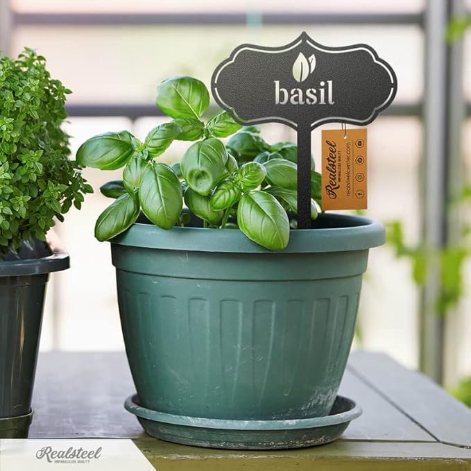 RealSteel - Seed & Plant Markers - Indoor/Outdoor Herb Garden Stakes - Elegant Fruit/Vegetable Seed Labels - Durable Plant Tags for Pots - Classy Design for Farmhouse/Greenhouse (Basil)