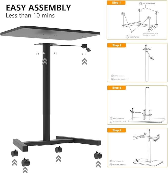 28-Inch Mobile Standing Desk Adjustable Height, Portable Standing Desk with Lockable Wheels, Rolling Table for Home Office Classroom Hospital (Jet - Black)