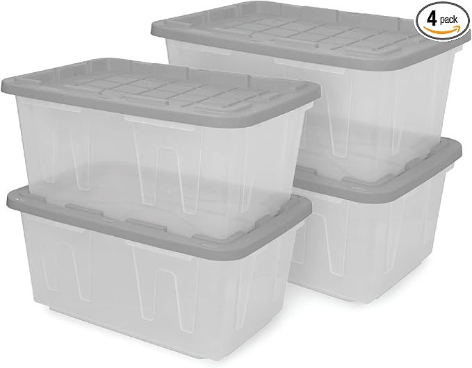 CX BLACK & YELLOW, 27-Gallon Heavy Duty Clear Storage Container & Snap-Tight Lid, Clear & Grey (14.3H x 20.6W x 30.6D), Weather-Resistant, Stackable, See-Through Organization Tote [4 Pack]