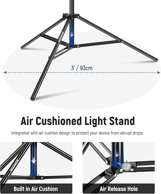 NEEWER Air Cushioned Aluminum Light Stand, 9.8ft/3m Adjustable Photography Stand with Boom Arm, Counterweight, Sandbag, 1/4" Screw for Softbox, Studio Flash, Umbrella, Ring Light, Max Load 5kg
