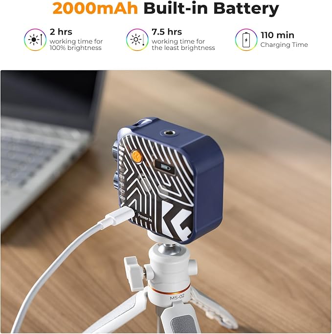 K&F CONCEPT RGB Video Light, 360° Full Color Portable Photography Light, LED Camera Light w 21 Light Effects, 2500K-9900K CRI 96+, 2000mAh Rechargeable Photography Lighting for Vlogging, Selfie, Blue