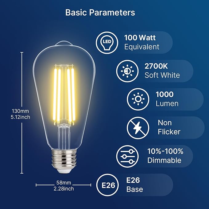 FLSNT 100W Equivalent LED Edison Bulbs, ST19/ST58 Dimmable LED Light Bulbs for Kitchen, Dining Room, High Brightness with 1000LM, 2700K Soft White, 8W, E26 Base, 4 Pack