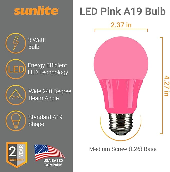 Sunlite 40453 LED A19 Colored Light Bulb, 3 Watts (25w Equivalent), E26 Medium Base, Non-Dimmable, UL Listed, Party Decoration, Holiday Lighting, 3 Count, Pink