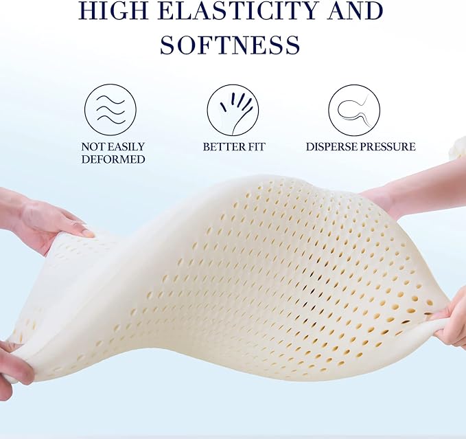 100% Natural Talalay Latex Sleeping Bed Pillow - Luxury Soft Queen Size Pillow for Side, Back, and Stomach Sleepers - Removable Breathable Cotton Cover (Queen Size)