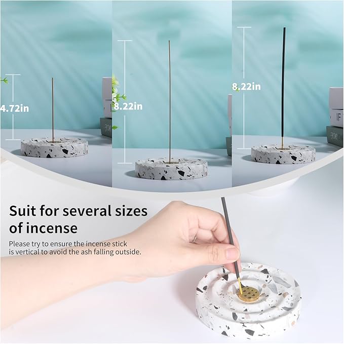 Real Terrazzo Incense Holder for Stick, Steady Base with 9 Holes Brass Built-in, Easy Catch, Corlorful Marble Stone Incense Holder for Indoor and Outdoor Used, Home Decor Accessories