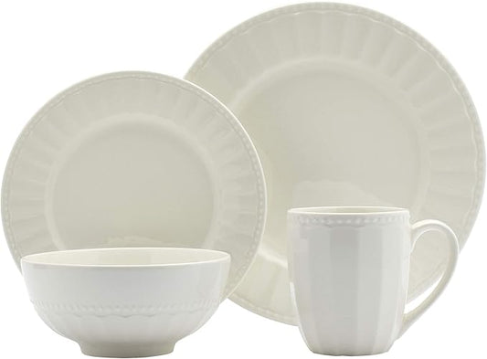 TTU Tabletops Gallery Embossed Bone White Porcelain Round Dinnerware Collection- Chip Resistant Scratch Resistant, Mosaico 16 Piece Dinnerware Set (Dinner Plate, Salad Plate, Cereal Bowl, Mug)