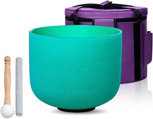 Green F Note Heart Chakra 8 inch Quartz Crystal Singing Bowl, for Healing Mindfulness Meditation Yoga Sound Baths, with Case Rubber Mallet