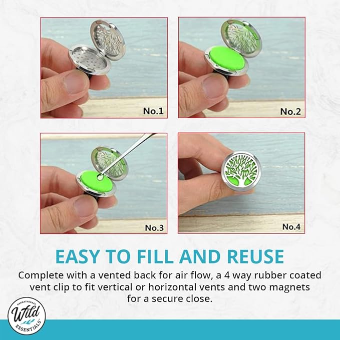 Wild Essentials Potter Hallows Essential Oil Car Vent Diffuser Kit with Lavender, Lemongrass, Peppermint, Orange Oils, Stainless Steel Locket Pendant, 8 Refill Pads, Color Changing Air Freshener