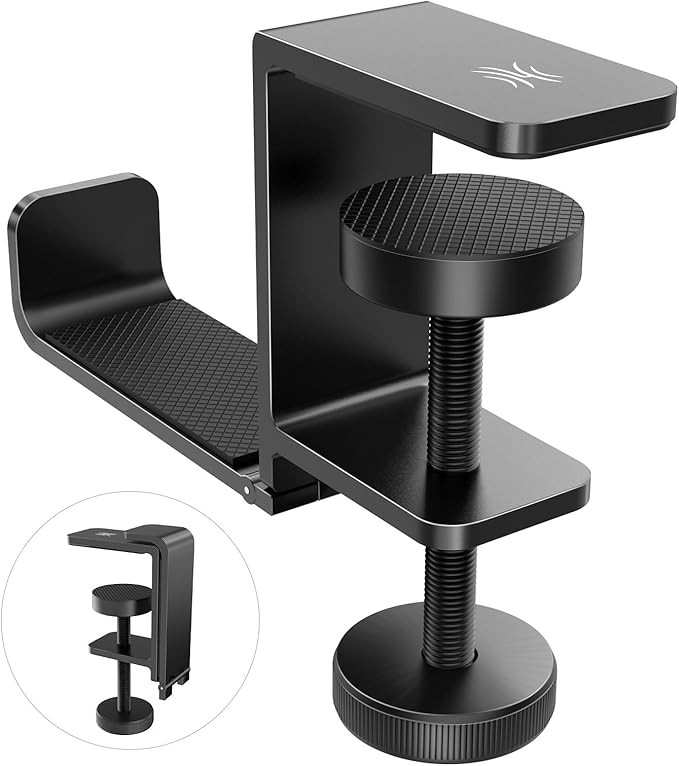 OneOdio MTL99 Foldable Headphone Stand, Metal Headset Holder Space-Saving Table Hook, Clamp-on Under Desk Hanger, Universal Fit Gaming Headphones Mount, Black