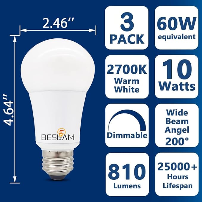 LED Light Bulb 10W Equivalent(60W) Dimmable A19 LED Bulbs, Daylight 2700K Warm White, Energy Efficient, Longer Life, Standard E26 Base, 810 Lumens, 6 Pack