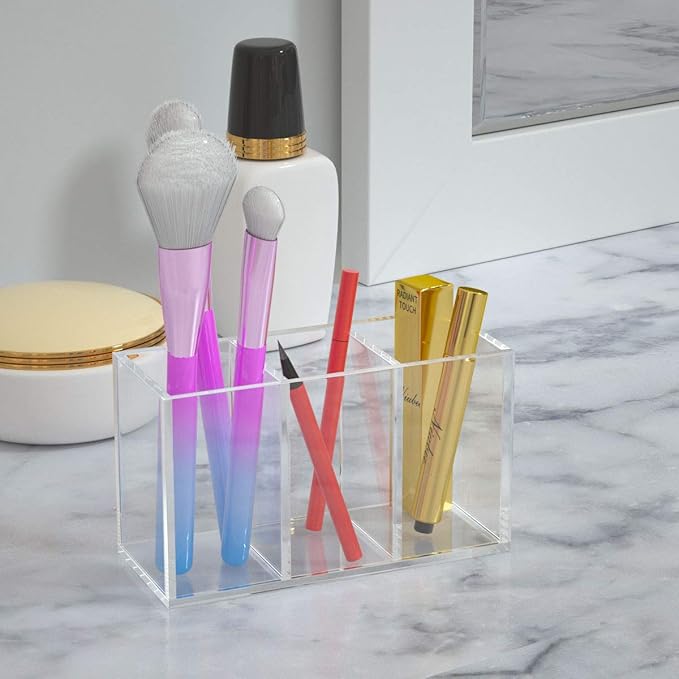 NIUBEE Acrylic Pen Holder 3 Compartments, Clear Pencil Organizer Cup for Countertop Desk Accessory Storage