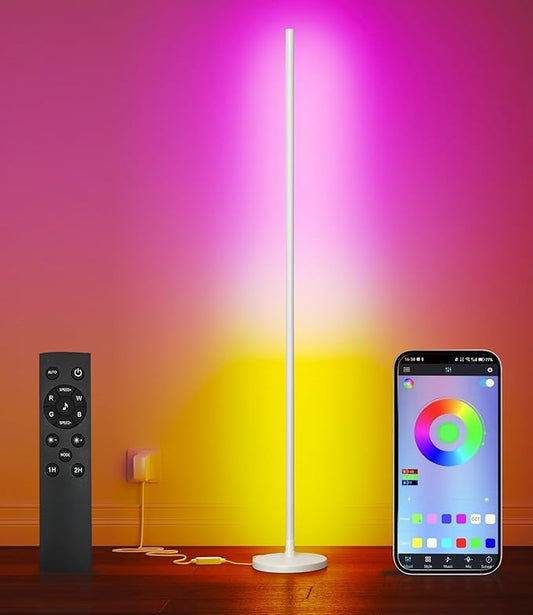 luckystyle Smart RGB Corner Floor Lamp,Bright LED Tall Modern Floor Lamp with APP and Remote,Ambient Lighting Color Changing Standing Lamps with Music Mode and Timing for Living Room,Bedroom White