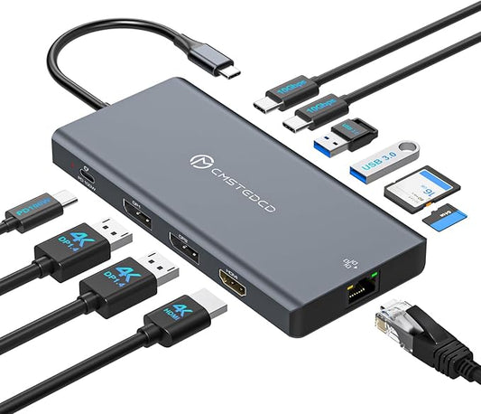 USB C Laptop Docking Station 3 Monitors Support Triple 4K@60Hz or Dual 4K@120Hz Extended Display Multi Monitor Dock with 8K Displayport and 4K HDMI, 10Gbps USB-C 3.2, 100W PD, SD/TF, LAN