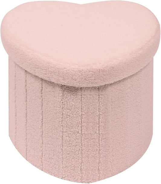 Heart Shaped Ottoman with Storage, Faux Teddy Fur Upholstered Footstool, Small Storage Ottoman Cube for Bedroom, Living Room, Easy Assembly, Foldable, Pink, 15"x15"x12.6"