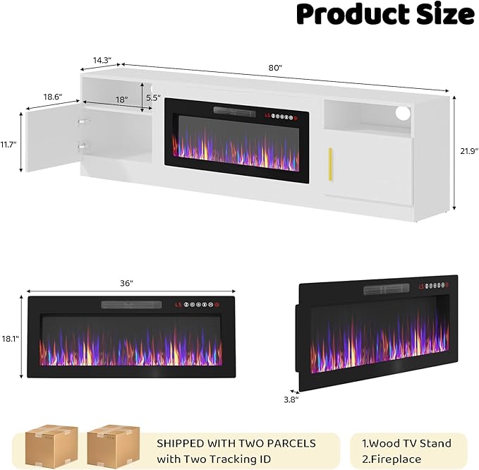 Lemberi Fireplace tv Stand with 36 inch Fireplace Up to 90" TVs, LED Light Entertainment Center and Storage, 80" Modern Wood Media TV Console with Highlight Cabinet for Living Room (White)